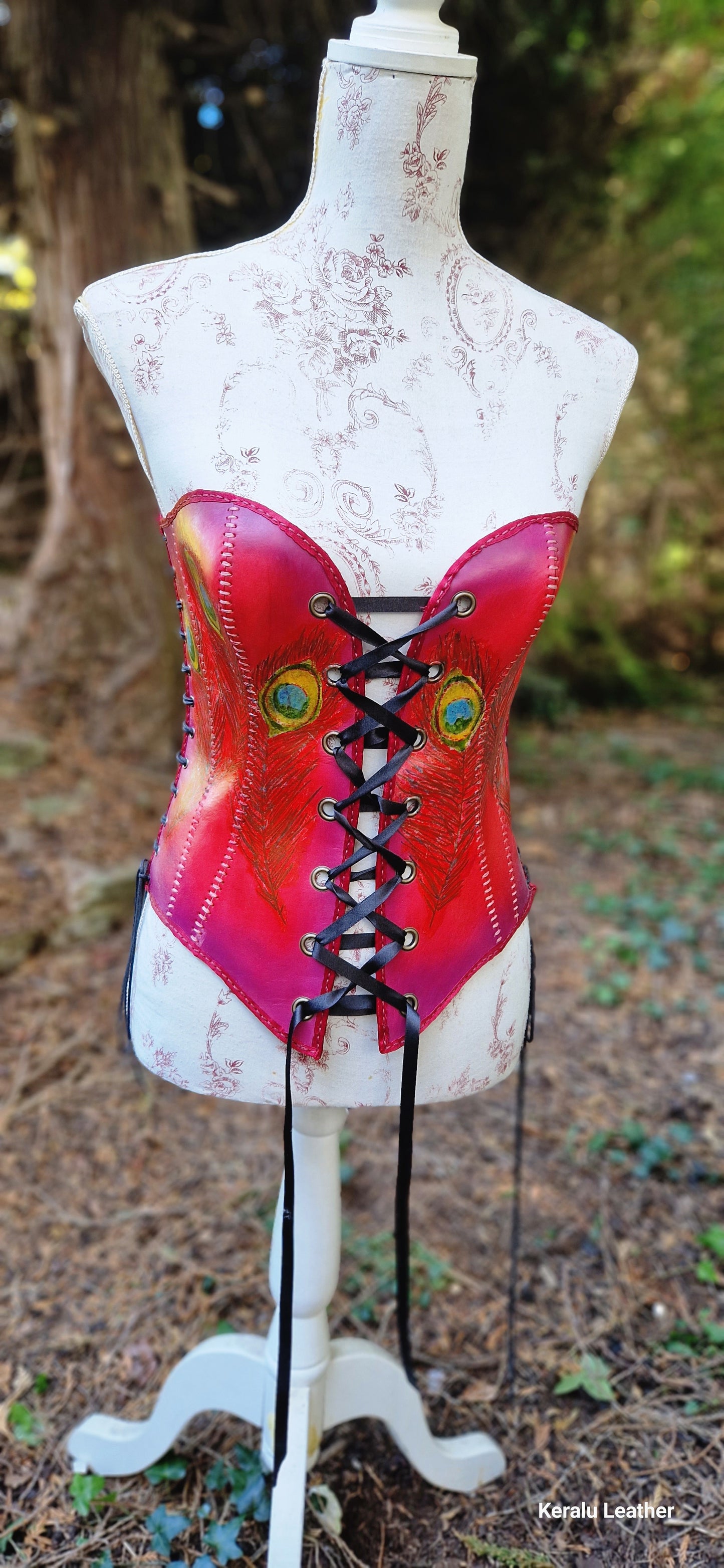 Corset, hand painted peacock feather motifs,