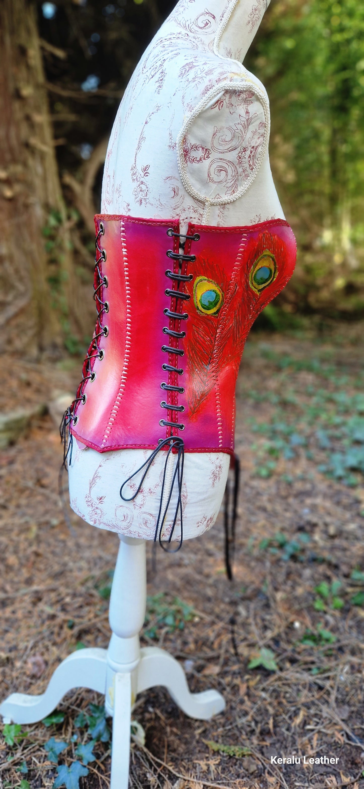 Corset, hand painted peacock feather motifs,