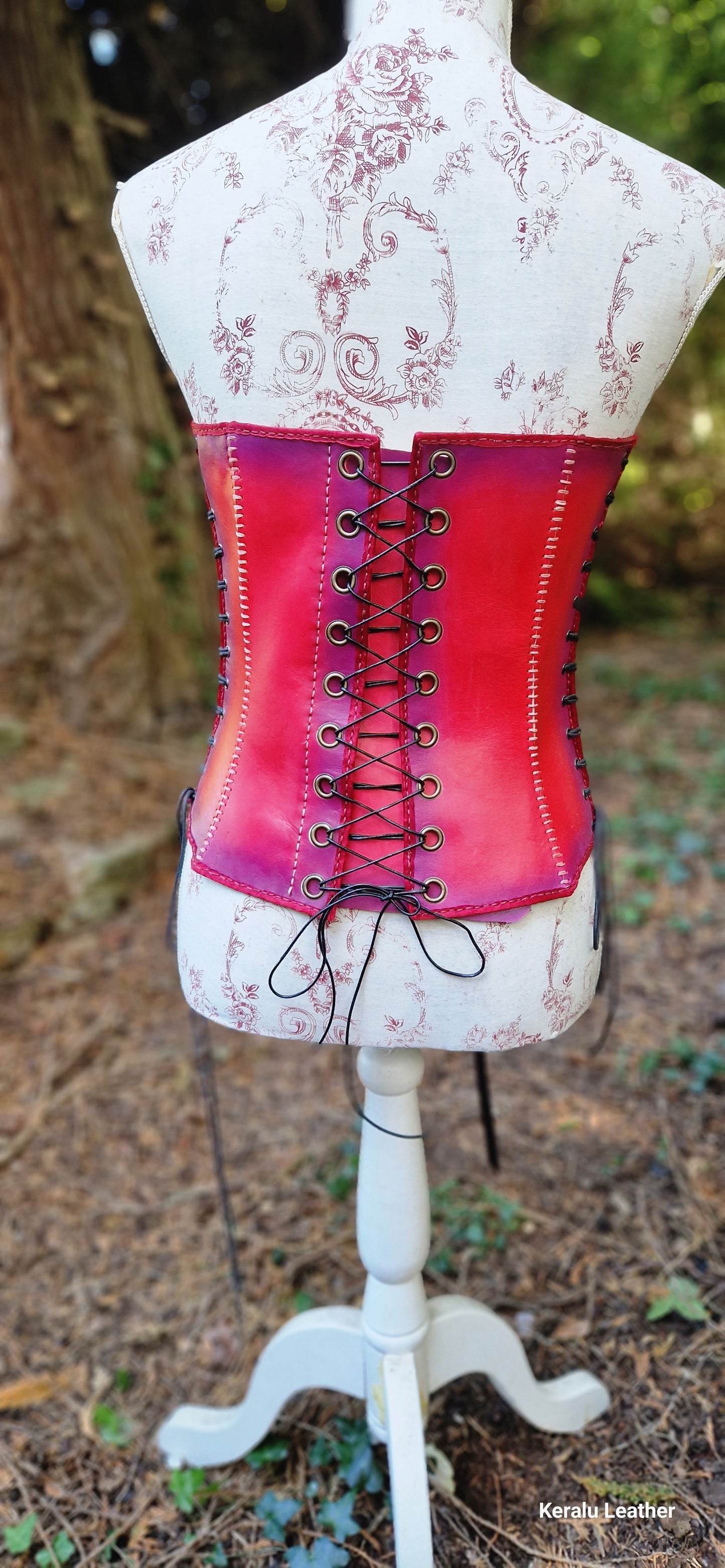 Corset, hand painted peacock feather motifs,